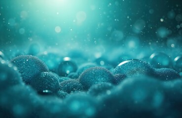 Fototapeta premium Microscopic aqua blue bubbles float on textured surface. Many small spheres form abstract pattern. Soft light glows, particles dance in liquid.
