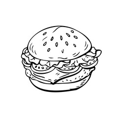American burger hamburger thin black lines on white background - Vector illustration