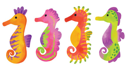 Set of Cute Seahorse Watercolor. Hand Drawn Watercolor Texture Vector Illustration. Isolated Elements on White Background