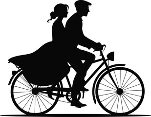 Naklejka premium Vintage couple enjoying a romantic bicycle ride in silhouette