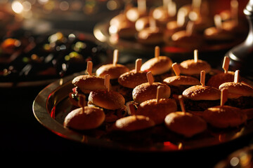 Dark moody shot of mini burgers on buffet tray