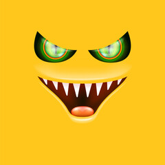 Orange monster face with gleaming green eyes and huge fangs emerges. Happy Halloween backdrop for your spooky holiday card designs with orange monster face