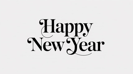  Black and white typography design with the phrase &ldquo;Happy New Year&rdquo; in elegant script and serif fonts, centered on white background, stylish lettering, luxury calligraphy, clean modern aesthetic.