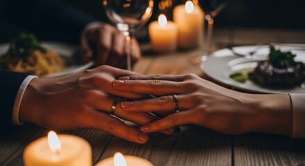A loving couple tenderly holding hands across a wooden table during a romantic candlelight dinner