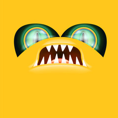 Orange monster face with gleaming green eyes and huge fangs emerges. Happy Halloween backdrop for your spooky holiday card designs with orange monster face