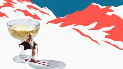 Graphic composition. Skier posing beside crystal cocktail glass on minimal mountain landscape....