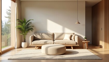 Bright living room setup features comfy couch. Modern interior includes plant, soft light. Minimalist design boasts neutral tones. Home decor concept emphasizes spacious living area, natural