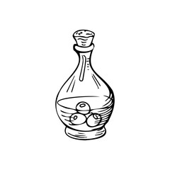 Bottle with olive oil thin black lines on a white background - Vector illustration