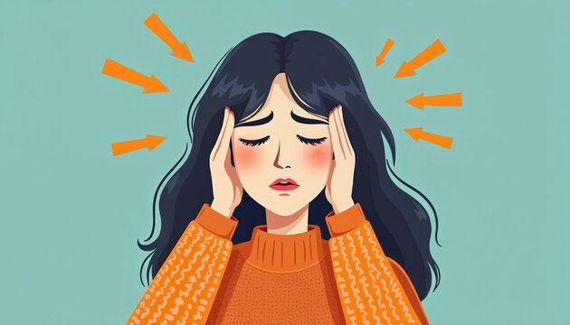 Woman with headache holds her head. Arrows point inward to her temples showing pain. She suffers from migraine or severe head ache symptoms.