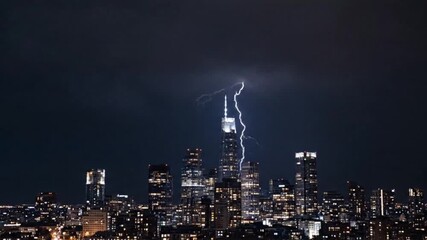 A powerful lightning strike illuminates a towering skyscraper in a dark city skyline at night - Powered by Adobe