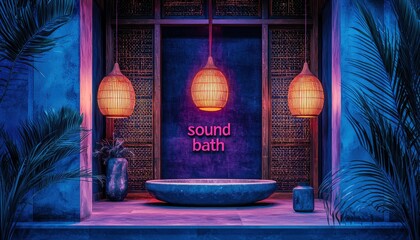 a realistic photograph of sound bath banner saying "sound bath" 