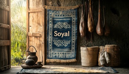 a realistic photograph of Soyal banner saying "Soyal", central readable text banner,