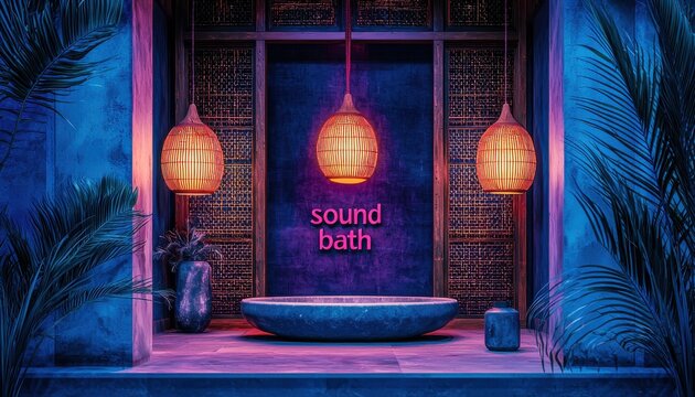 a realistic photograph of sound bath banner saying "sound bath" 