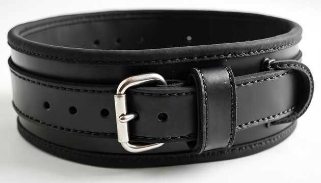 Thick black leather weightlifting belt with metal buckle. Belt provides back support for gym workouts. Strong durable fitness accessory for lifting.