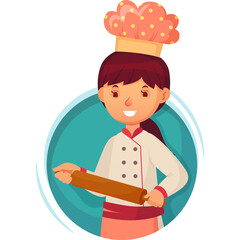 Cartoon Girl Chef With Rolling Pin And Tall Hat Holding Baking Utensil Ready To Prepare Dough For Baking In A Teal Circle Frame With Transparent Background