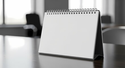 Minimalistic desk calendar with a blank page, showcasing a modern office setting, ideal for planners, organizers, or home décor inspiration in lifestyle and business contexts.