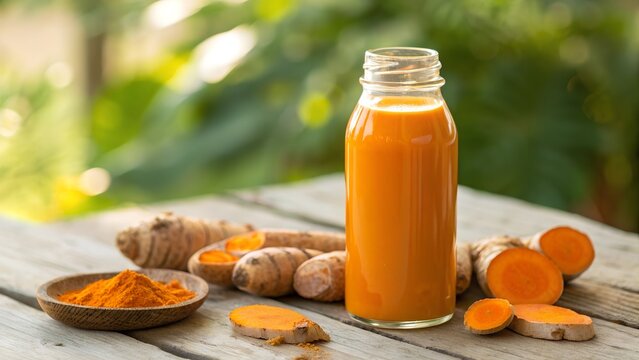 cold pressed turmeric extract in vibrant orange tones natural light highlighting its purity root slices around glass bottle