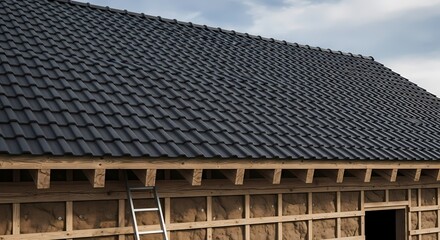Sleek Dark Gray Roof Tiles Covering a Modern House Construction in Progress Under a Cloudy Sky