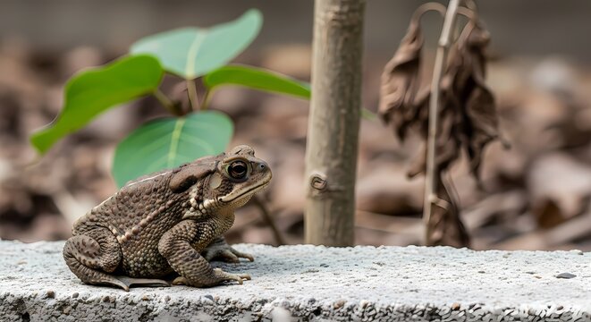 Close up of a Common Toad Bufo bufo resting on a concrete ledge surrounded by natural elements like leaves and a plant stem - Powered by Adobe
