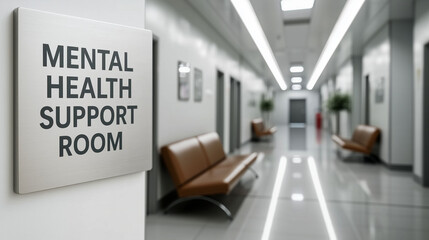 Mental health support room sign in hospital corridor with seating area for patient care and counseling services