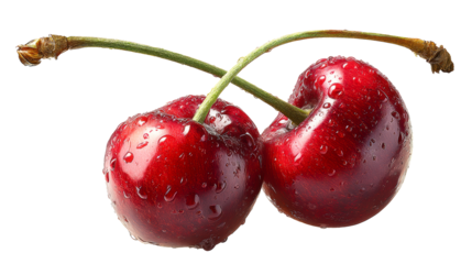 Two red cherries with water droplets and stems, cut out transparent