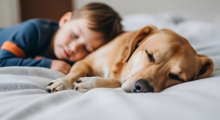 Cute golden retriever dog and boy sleeping peacefully together