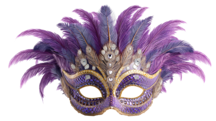 Ornate Purple Feather Masquerade Mask With Jewels, cut out transparent