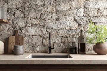 Rustic kitchen scene with stone wall and modern sink.