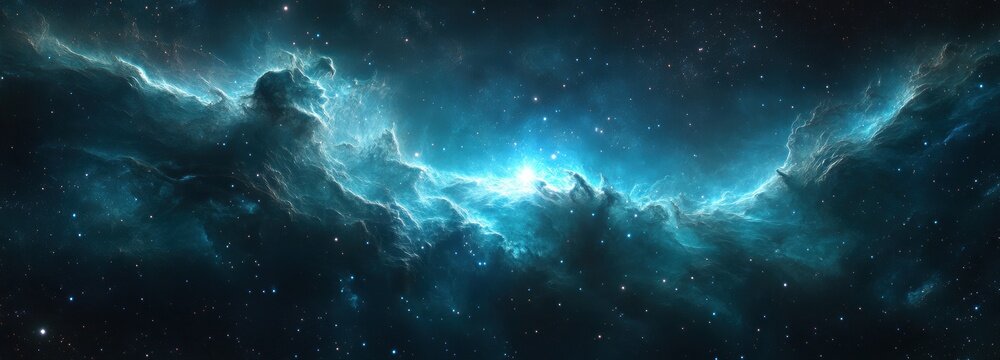 Cosmic beauty of the kam nebula in oceanic teal contrasted with silver-white cosmic dust