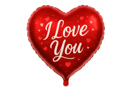 Red mylar foil balloon in a heart shape featuring i love you message and small hearts, on a transparent background