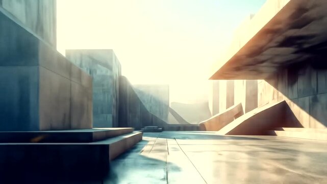 Brutalist architectural space bathed in harsh sunlight and shadows
