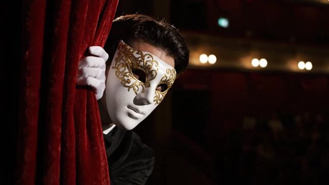 A mysterious masked figure peeks through opulent red velvet curtains in a dimly lit theater.