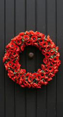 Red poppy floral wreath on black door background  