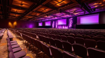 Naklejka premium Empty conference hall with rows of chairs ready for presentation. Business event venue with purple lighting on stage and large screens.
