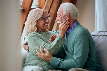 Loving Elderly Couple Sharing A Warm Embrace At Home, Happy Moments And Affection