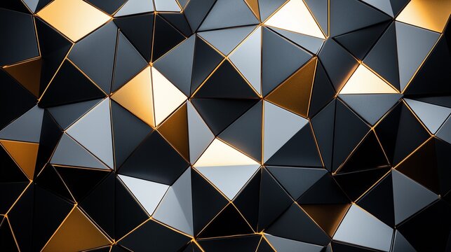 Abstract Polygonal Gold Accent Background: A 3D Geometric Mosaic of Black and Gray Triangles