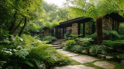 Naklejka premium Stone path leading to a modern house surrounded by lush greenery and ferns. Rustic home with natural landscaping for serene living.