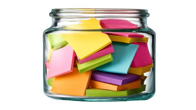 Glass jar filled with colorful sticky notes, cut out transparent