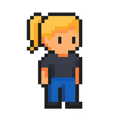 Fototapeta premium Pixel Art Girl Character with Ponytail in Black Shirt, Transparent Background