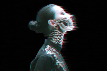 Woman looks up with a visible skeleton and face structure in a digital glitch art style.