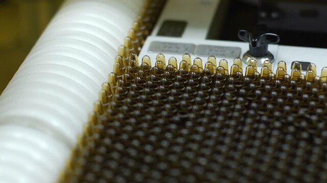 High-definition footage of an automated cleanroom assembly where glass ampoules are washed, filled with injectable medication, sterilized, and hermetically sealed. Showcases precision robotics, strict
