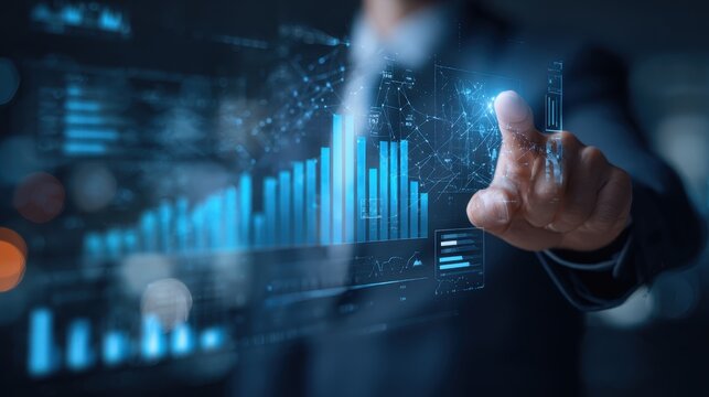 Cutting Edge Data Visualization Innovative Interface for Business Analysis Man Interacting with Futuristic Screen Charts and Graphs Future Trends in Finance and Technology - Powered by Adobe