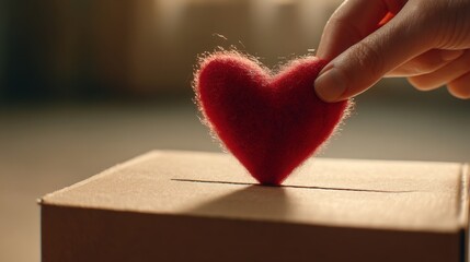 Person hand placing red felt heart into donation box for charity. Concept of giving, love, and support. Valentine's Day.