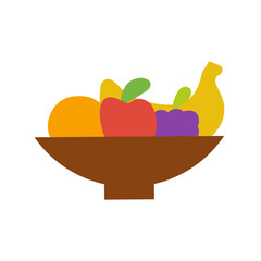 Kwanzaa Harvest Bowl. Hand drawn vector illustration of a simple flat design fruit basket with banana, orange, apple and grapes. Minimal cultural symbol.