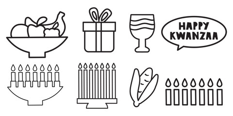 Kwanzaa Holiday Collection. Flat simple design vector set with hand drawn Kwanzaa symbols. Outline illustration of traditional cultural items.