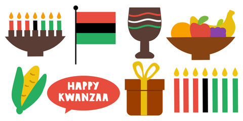 Kwanzaa Elements Set. Hand drawn vector illustration of flat simple design symbols for African American holiday. Minimal cultural collection with kinara, cup, gifts and candles.