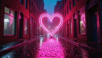 Glowing neon pink heart sign stands on wet cobblestone street. Buildings line narrow alleyway at night. Romantic urban atmosphere with vibrant pink lights reflecting on wet pavement.