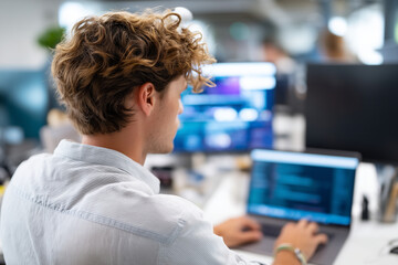 young male IT apprentice in a modern office, viewed from behind or in profile, sitting at a cleandesk with computer monitors, wearing professional clothes, working on a laptop, nat