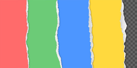 Colored torn paper with realistic textured ripped edges. Color cardboard or paper sheet with realistic torn edge and soft shadow. Vector.