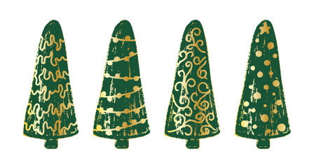 Set of four stylized Christmas trees with golden decorative patterns in various festive designs, isolated on white background. Elegant holiday illustration perfect for cards, prints, design projects